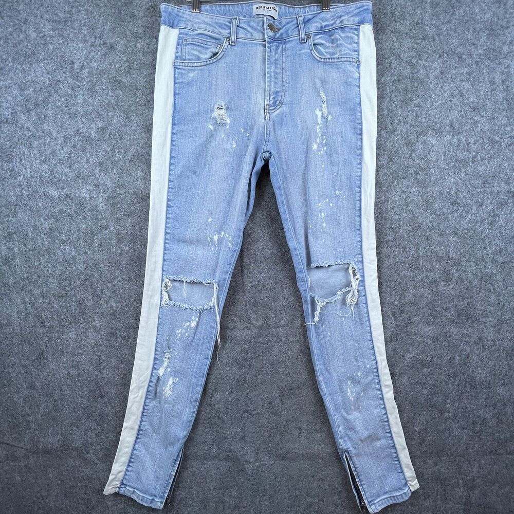 Reputation Studios Jeans Mens Large Skinny Ripped Stretch Ankle Zip White Stripe